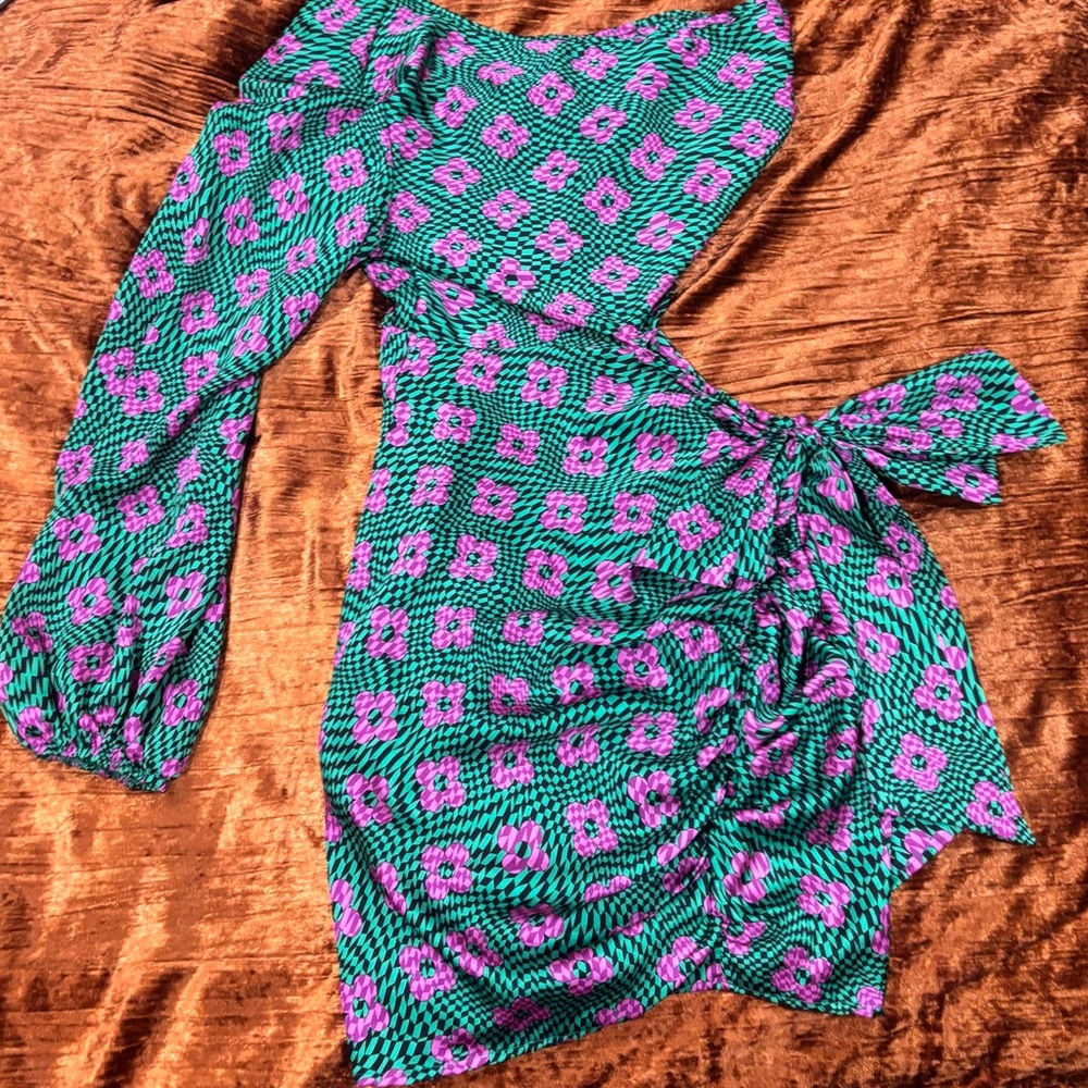 SHEIN Teal & Magenta Floral One-Shoulder Dress